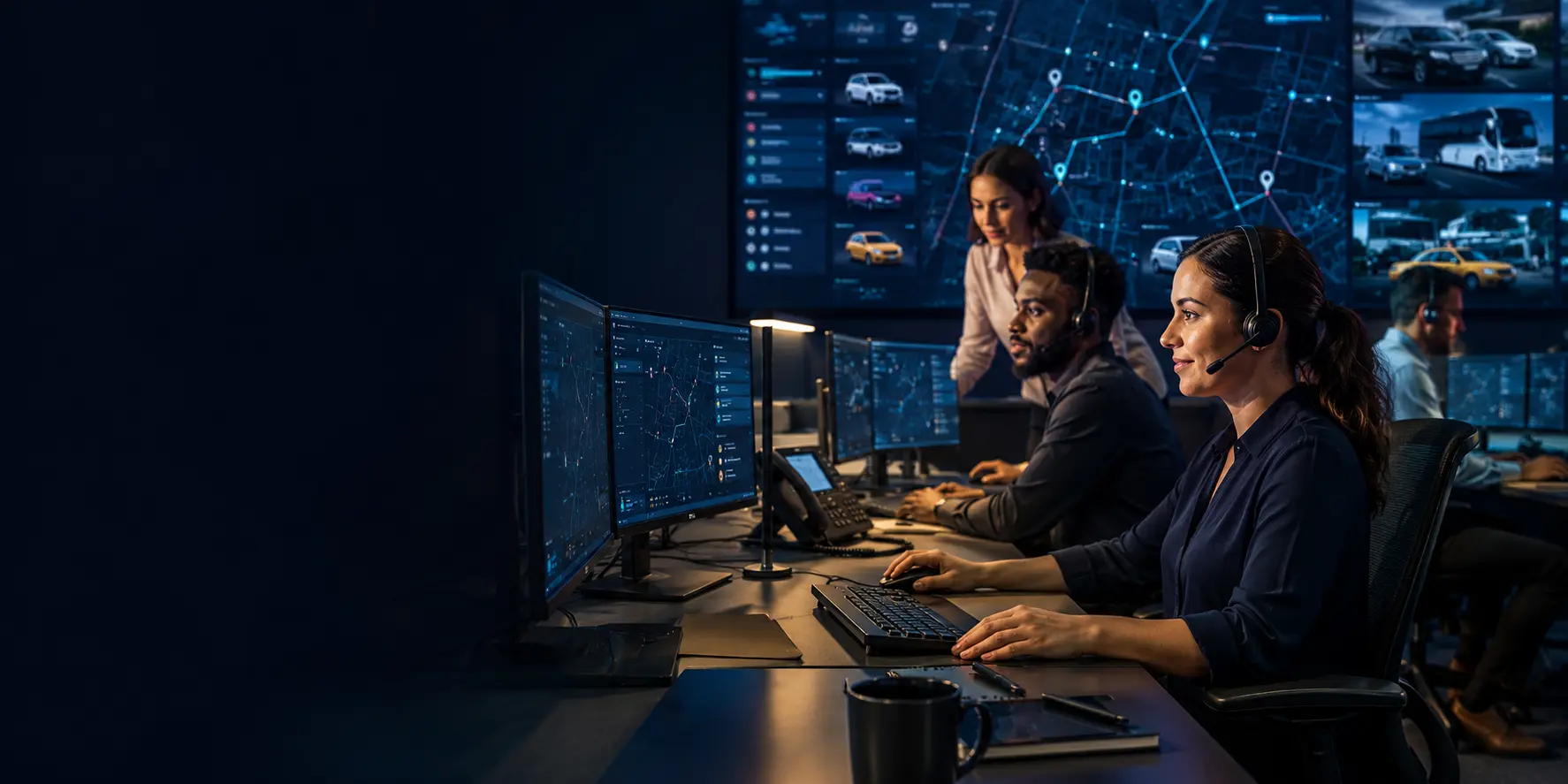 Professional transportation dispatch and customer service team coordinating trips